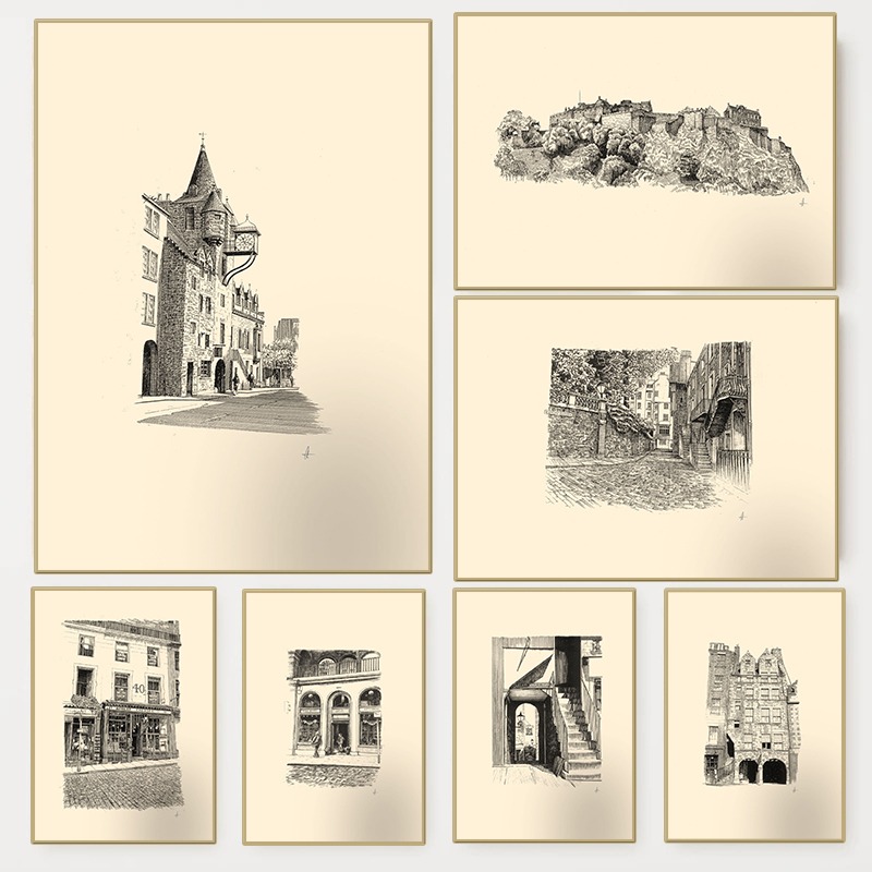Home Cinema Wall - Affiche vintage du Château d'Édimbourg, dessin